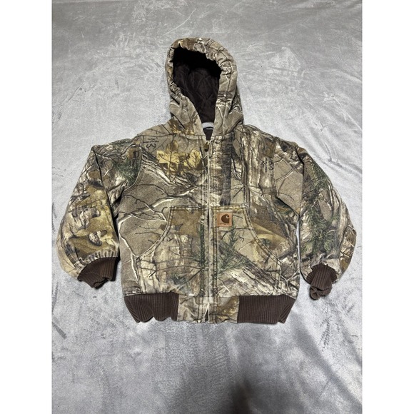 Carhartt Jacket Kids 6 Brown Camo Hooded Quilted Canvas Hunting Wear